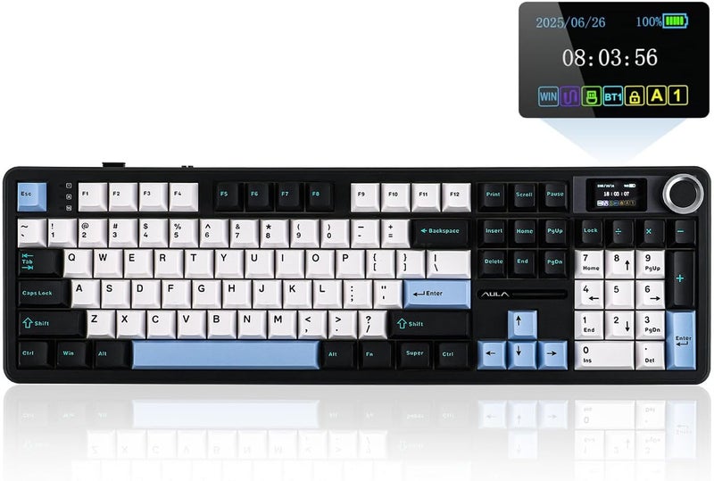EPOMAKER X Aula F108 PRO Wireless Gaming Keyboard with Screen, 8000mAh Battery, 104 Hot-Swappable and Programmable Keys and Knob, RGB Backlight, for Mac/PC/Android (Blue&White&Black) - Image 1